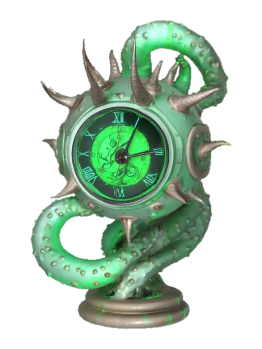3D model for a futuristic clock inspired by Ghost in the Shell and Medusa, exaggerated features such as spiraled tentacles horns, sharp angles, fierce and otherworldly, flesh-toned mix ashen bio-skin, glowing neon green highlights certain areas, bioluminescence, sci-fi, cyberpunk, intricate markings and symbols, ceremonial or technological deco, high-tech or fantasy-inspired gear, futuristic or mystical theme