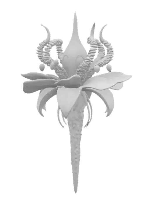 3D model for a futuristic flower inspired by Ghost in the Shell and Medusa, exaggerated features such as spiraled tentacles horns, sharp angles, fierce and otherworldly, flesh-toned mix ashen bio-skin, glowing neon green highlights certain areas, bioluminescence, sci-fi, cyberpunk, intricate markings and symbols, ceremonial or technological deco, high-tech or fantasy-inspired gear, futuristic or mystical theme