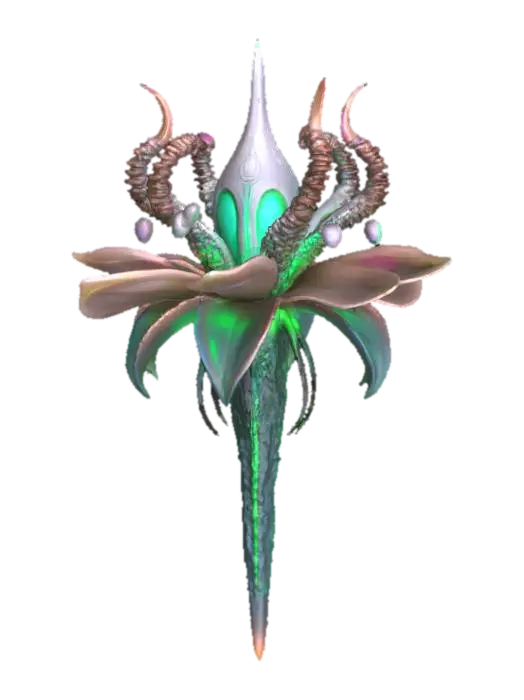 3D model for a futuristic flower inspired by Ghost in the Shell and Medusa, exaggerated features such as spiraled tentacles horns, sharp angles, fierce and otherworldly, flesh-toned mix ashen bio-skin, glowing neon green highlights certain areas, bioluminescence, sci-fi, cyberpunk, intricate markings and symbols, ceremonial or technological deco, high-tech or fantasy-inspired gear, futuristic or mystical theme
