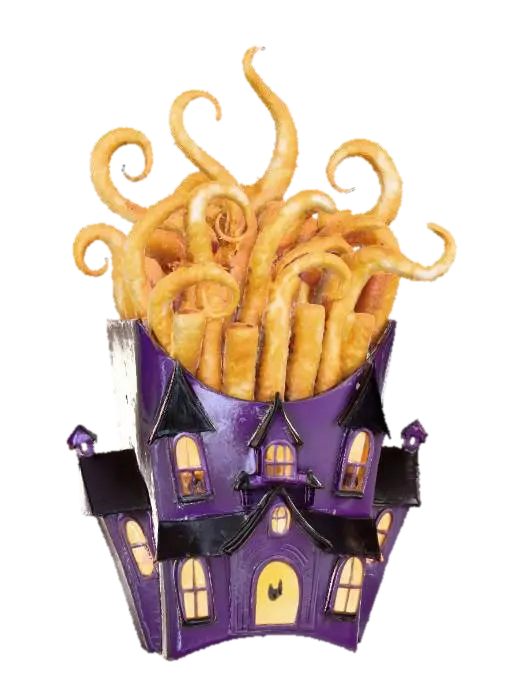 A Haunted House Fries Container, where a standard fast-food fry box is cleverly designed… - Packaging 3D model, AI generated