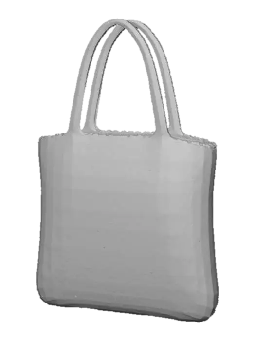 3D model for A charming Thanksgiving-themed knitted market tote, perfect for autumn grocery runs or holiday gift exchanges. Crafted from robust, earthy brown organic cotton yarn in a tight, durable half-double crochet stitch, forming a sturdy rectangular bag approximately 15x17 inches. Its front features a large, intricately knitted pumpkin motif in variegated burnt orange, subtly bordered by tiny green knitted leaves, offering a rustic yet festive aesthetic.