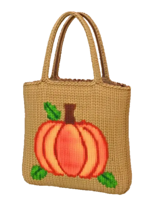 3D model for A charming Thanksgiving-themed knitted market tote, perfect for autumn grocery runs or holiday gift exchanges. Crafted from robust, earthy brown organic cotton yarn in a tight, durable half-double crochet stitch, forming a sturdy rectangular bag approximately 15x17 inches. Its front features a large, intricately knitted pumpkin motif in variegated burnt orange, subtly bordered by tiny green knitted leaves, offering a rustic yet festive aesthetic.