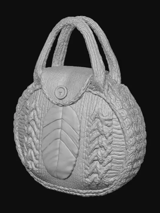 3D model for A cozy knitted **pie carrier bag**, designed specifically for transporting Thanksgiving pies. Made from durable, thick wool blend yarn in a warm, heathered pumpkin spice orange, this round bag features robust integrated handles and a unique knitted appliqué of a **stylized turkey feather** on the front flap. It snugly fits a standard 9-inch pie, keeping it warm and secure in true holiday fashion.