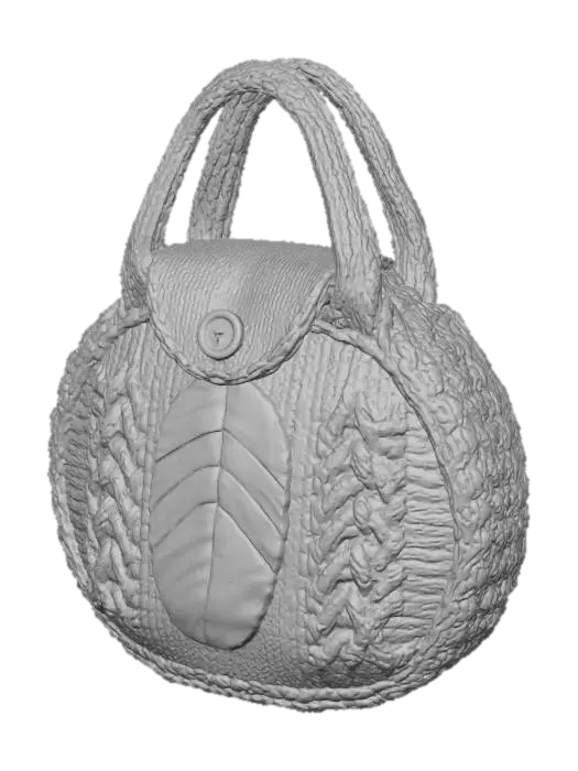 3D model for A cozy knitted **pie carrier bag**, designed specifically for transporting Thanksgiving pies. Made from durable, thick wool blend yarn in a warm, heathered pumpkin spice orange, this round bag features robust integrated handles and a unique knitted appliqué of a **stylized turkey feather** on the front flap. It snugly fits a standard 9-inch pie, keeping it warm and secure in true holiday fashion.