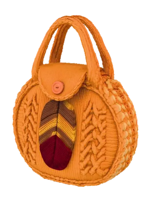 3D model for A cozy knitted **pie carrier bag**, designed specifically for transporting Thanksgiving pies. Made from durable, thick wool blend yarn in a warm, heathered pumpkin spice orange, this round bag features robust integrated handles and a unique knitted appliqué of a **stylized turkey feather** on the front flap. It snugly fits a standard 9-inch pie, keeping it warm and secure in true holiday fashion.