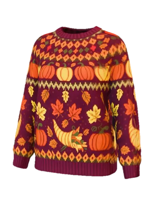 3D model for A cozy, chunky knit sweater, perfect for Thanksgiving celebrations. It features a rich palette of autumnal colors, including deep cranberry red, burnt orange, goldenrod yellow, and warm chestnut brown, woven into a detailed Fair Isle pattern of pumpkins, fall leaves, and cornucopias. Made from a luxurious blend of soft merino wool and cashmere, the sweater has a comfortable, slightly oversized fit, ribbed cuffs and hem, and a comforting textured feel.