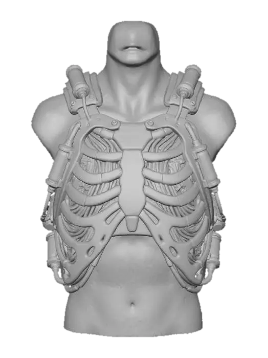 3D model for A **modular kinetic energy harness**, worn over the torso, combining **bone-white segmented ceramic plates** that mimic an animal's ribcage, with **dark, heavy-gauge copper wiring** visible beneath transparent, **iridescent synth-bone**. **Desaturated lime green and fuchsia energy cells** hum softly, converting movement into power. **Faded ochre and deep indigo tribal patterns** adorn its surface, making this **Wabi-sabi Cyberpunk gear** a worn yet vital source of sustained, organic-tech derived energy.