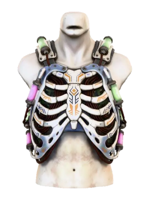 3D model for A **modular kinetic energy harness**, worn over the torso, combining **bone-white segmented ceramic plates** that mimic an animal's ribcage, with **dark, heavy-gauge copper wiring** visible beneath transparent, **iridescent synth-bone**. **Desaturated lime green and fuchsia energy cells** hum softly, converting movement into power. **Faded ochre and deep indigo tribal patterns** adorn its surface, making this **Wabi-sabi Cyberpunk gear** a worn yet vital source of sustained, organic-tech derived energy.