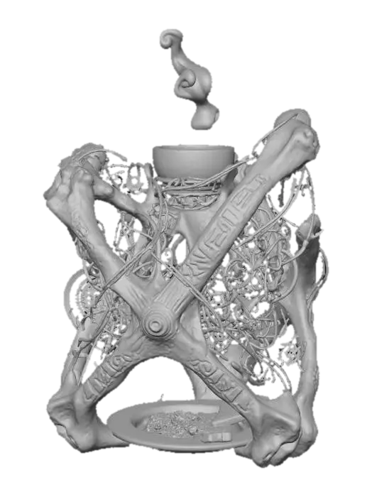 3D model for A **ritualistic incense burner**, designed as a **bone-colored, skeletal structure** of interwoven composite and **dark bronze filigree**, mimicking a dried floral form. **Desaturated amber smoke** curls from its apex, accented by **faded olive and muted aubergine carvings**. This **Wabi-sabi Cyberpunk object** blends ancient spiritual practice with salvaged tech, a powerful symbol of enduring faith and a rich, low-saturation palette.