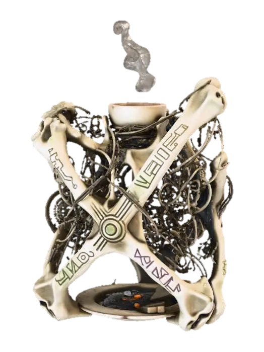 3D model for A **ritualistic incense burner**, designed as a **bone-colored, skeletal structure** of interwoven composite and **dark bronze filigree**, mimicking a dried floral form. **Desaturated amber smoke** curls from its apex, accented by **faded olive and muted aubergine carvings**. This **Wabi-sabi Cyberpunk object** blends ancient spiritual practice with salvaged tech, a powerful symbol of enduring faith and a rich, low-saturation palette.