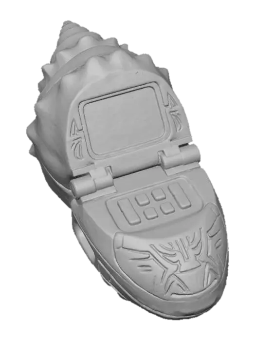 3D model for A **rugged personal data terminal**, its clamshell design featuring **bone-colored, textured plating** resembling a fossilized shell. **Dark bronze hinges** and a **desaturated indigo screen** are integrated, with **faded terracotta function keys**. Its surface has **intricate tribal etchings** and signs of heavy use, defining a **Wabi-sabi Cyberpunk aesthetic** of enduring knowledge and a strong **humanistic narrative tension**.