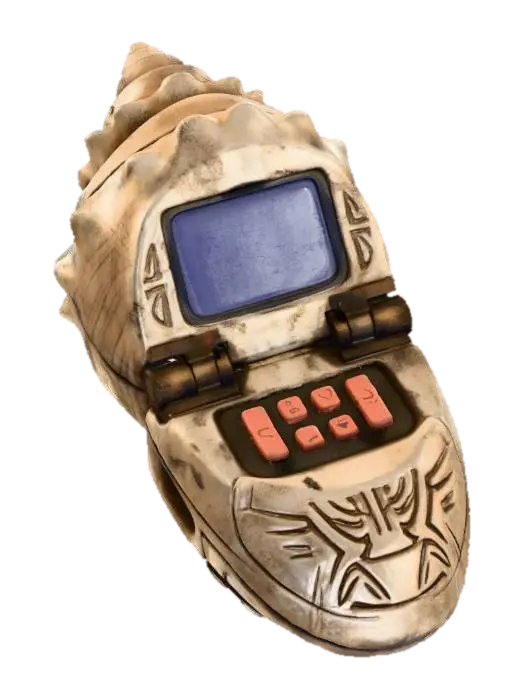 3D model for A **rugged personal data terminal**, its clamshell design featuring **bone-colored, textured plating** resembling a fossilized shell. **Dark bronze hinges** and a **desaturated indigo screen** are integrated, with **faded terracotta function keys**. Its surface has **intricate tribal etchings** and signs of heavy use, defining a **Wabi-sabi Cyberpunk aesthetic** of enduring knowledge and a strong **humanistic narrative tension**.
