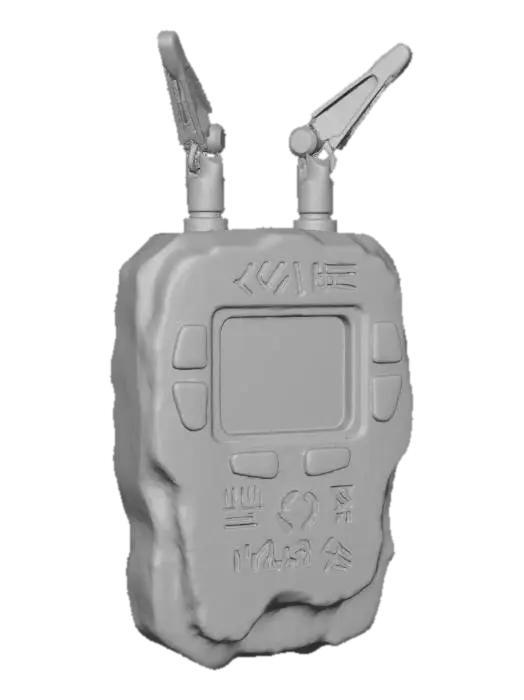 3D model for A **rugged portable comms unit**, housed in a **bone-white, rock-like casing** with **heavy, dark pewter mechanical antennae** extending organically. Its screen is a simple, **desaturated indigo display**, framed by **faded terracotta and cyan buttons**. Visible wear and **tribal glyphs** etched into the surface convey a sense of **Wabi-sabi Cyberpunk utility**, a resilient link in a harsh world, with a compelling **narrative tension**.