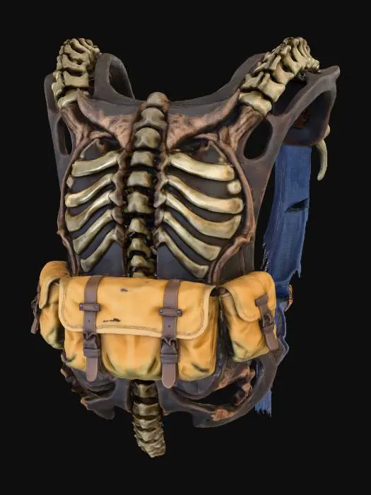 3D model for An ornate, **skeletal backpack frame**, constructed from **dark, weathered metal** with **bone-colored composite sections** that mimic vertebrae and ribs. Designed to carry essential gear, it features **faded ochre-yellow canvas pouches** and a subtle **desaturated indigo utility strap**. The frame's exposed, **bio-art inspired structure** provides a rugged, ritualistic, yet stylistically conscious appearance with a diverse, low-saturation palette, embodying **Wabi-sabi design principles**.