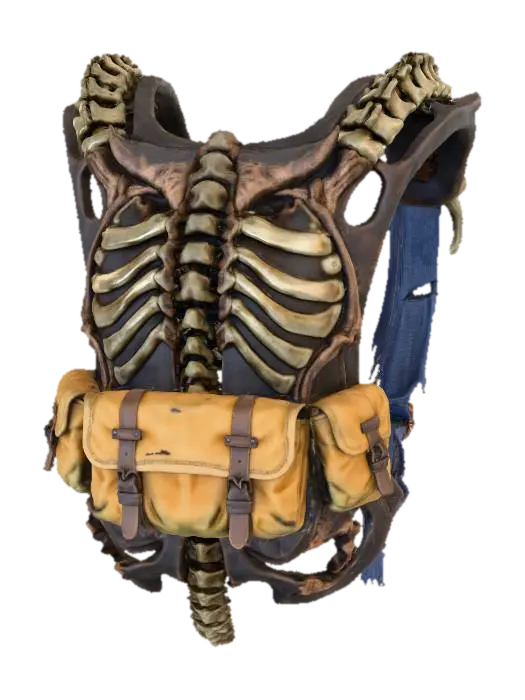 3D model for An ornate, **skeletal backpack frame**, constructed from **dark, weathered metal** with **bone-colored composite sections** that mimic vertebrae and ribs. Designed to carry essential gear, it features **faded ochre-yellow canvas pouches** and a subtle **desaturated indigo utility strap**. The frame's exposed, **bio-art inspired structure** provides a rugged, ritualistic, yet stylistically conscious appearance with a diverse, low-saturation palette, embodying **Wabi-sabi design principles**.