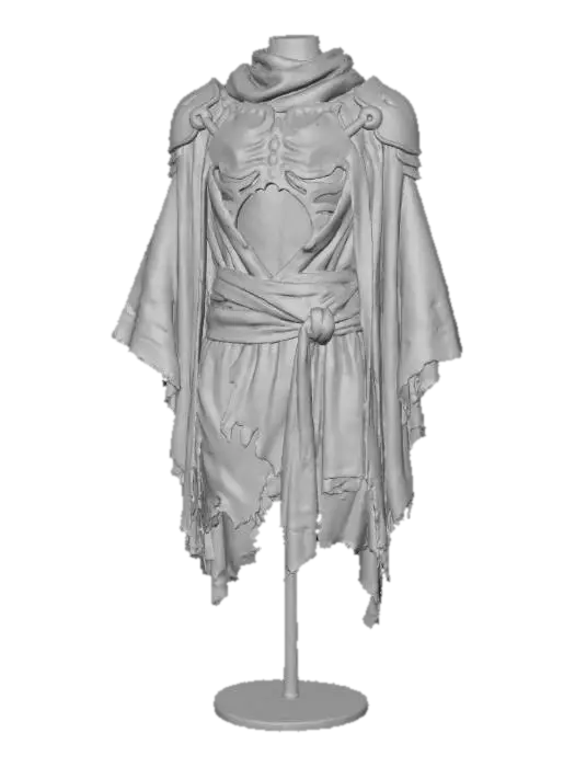 3D model for A layered desert cloak, draped over a torso with exposed bio-art inspired skeletal-tech plating in bone-white and faded ochre, connected by dark pewter joints. Sinuous, organic forms define the armor. A vibrant yet desaturated indigo sash cinches the waist, with subtle crimson and deep olive fabric patches. This ensemble marries natural-tech structure with ritualistic flair and a diverse, low-saturation palette.