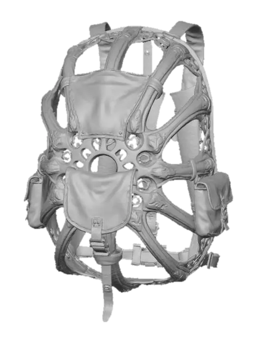 3D model for An ornate, skeletal backpack frame, constructed from dark, weathered metal and bone-colored composite, designed to carry essential gear. Sections of faded olive-drab canvas are attached, alongside a subtle desaturated rose-pink utility pouch. The frame's exposed, radial structure and unique color blend provide a rugged, ritualistic, yet stylistically conscious appearance.