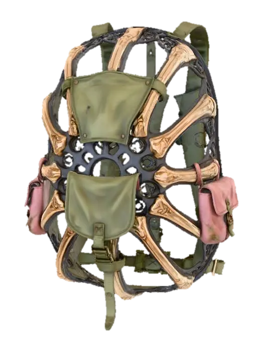 3D model for An ornate, skeletal backpack frame, constructed from dark, weathered metal and bone-colored composite, designed to carry essential gear. Sections of faded olive-drab canvas are attached, alongside a subtle desaturated rose-pink utility pouch. The frame's exposed, radial structure and unique color blend provide a rugged, ritualistic, yet stylistically conscious appearance.