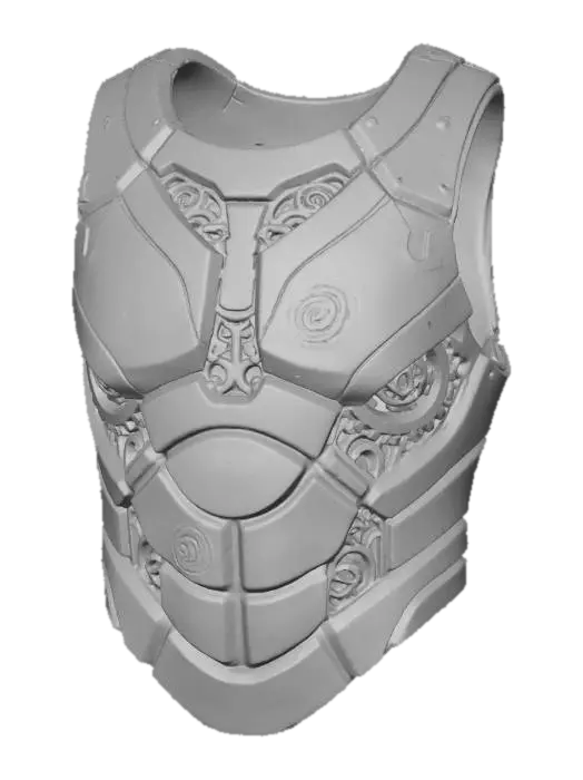 3D model for A high-tech tribal chest piece, formed from layers of dark bronze and muted terracotta plating with exposed skeletal-like internal workings. Subtle golden accents trace sacred radial patterns, while delicate cerise glow emanates from vents. This worn yet robust armor piece blends ancient protective symbolism with futuristic design, offering a unique, low-saturation fashion statement.
