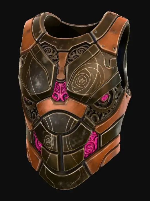 3D model for A high-tech tribal chest piece, formed from layers of dark bronze and muted terracotta plating with exposed skeletal-like internal workings. Subtle golden accents trace sacred radial patterns, while delicate cerise glow emanates from vents. This worn yet robust armor piece blends ancient protective symbolism with futuristic design, offering a unique, low-saturation fashion statement.