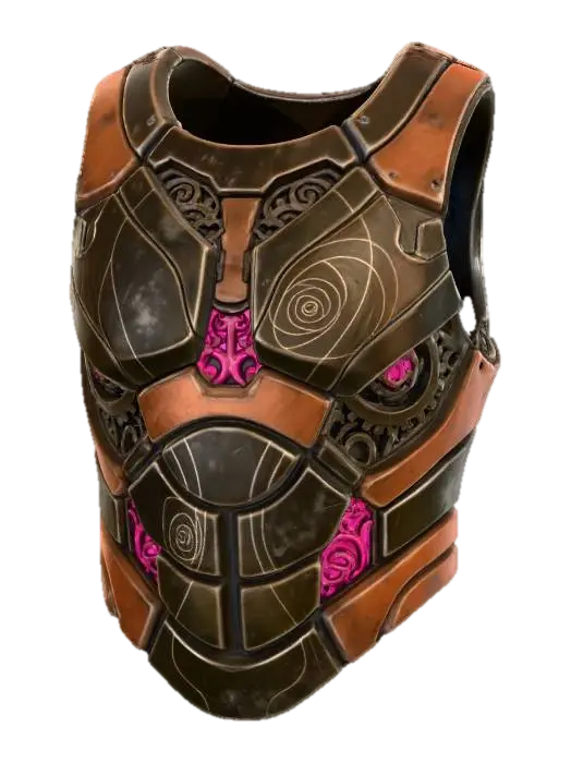 3D model for A high-tech tribal chest piece, formed from layers of dark bronze and muted terracotta plating with exposed skeletal-like internal workings. Subtle golden accents trace sacred radial patterns, while delicate cerise glow emanates from vents. This worn yet robust armor piece blends ancient protective symbolism with futuristic design, offering a unique, low-saturation fashion statement.