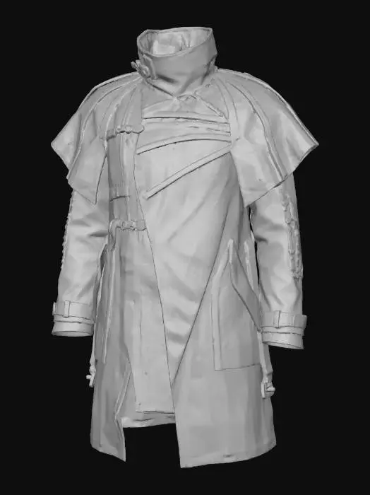 3D model for A rugged, asymmetric trench coat of distressed off-white canvas, featuring a high, structured collar and segmented paneling that subtly radiates from the shoulders. Dark, geometric tribal symbols are screen-printed on reinforced muted-green sections, accented by tarnished gold-plated clasps and visible, heavy-duty stitching, creating a functional yet iconic and stylish silhouette.