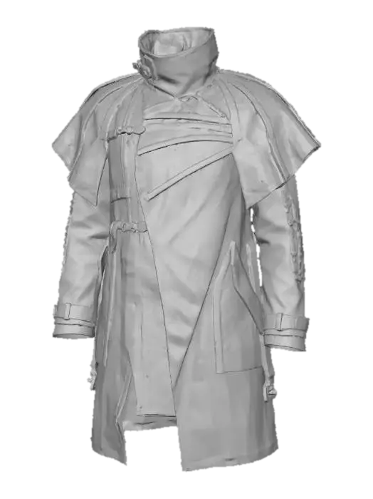 3D model for A rugged, asymmetric trench coat of distressed off-white canvas, featuring a high, structured collar and segmented paneling that subtly radiates from the shoulders. Dark, geometric tribal symbols are screen-printed on reinforced muted-green sections, accented by tarnished gold-plated clasps and visible, heavy-duty stitching, creating a functional yet iconic and stylish silhouette.
