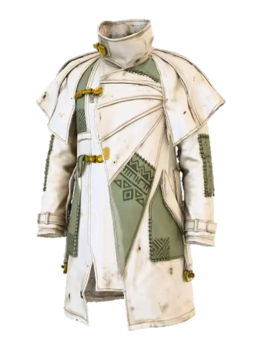 3D model for A rugged, asymmetric trench coat of distressed off-white canvas, featuring a high, structured collar and segmented paneling that subtly radiates from the shoulders. Dark, geometric tribal symbols are screen-printed on reinforced muted-green sections, accented by tarnished gold-plated clasps and visible, heavy-duty stitching, creating a functional yet iconic and stylish silhouette.