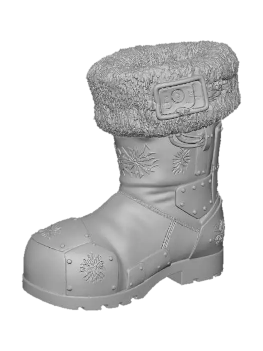 3D model for A **"Santa's Boot" storage unit**, an **asymmetric, worn khaki leather boot**, reinforced with **dark bronze plating** and **riveted, recycled plastic panels**. Its top opening is lined with **faded rose-pink synthetic fur**, concealing a **complex, glowing amber digital lock**. Etched **tribal glyphs of snowflakes** cover its surface, a cherished festive storage. #Christmas2025#