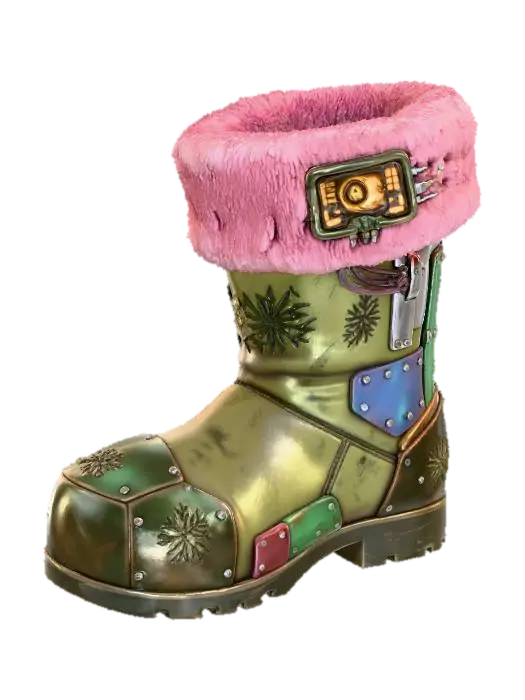 3D model for A **"Santa's Boot" storage unit**, an **asymmetric, worn khaki leather boot**, reinforced with **dark bronze plating** and **riveted, recycled plastic panels**. Its top opening is lined with **faded rose-pink synthetic fur**, concealing a **complex, glowing amber digital lock**. Etched **tribal glyphs of snowflakes** cover its surface, a cherished festive storage. #Christmas2025#