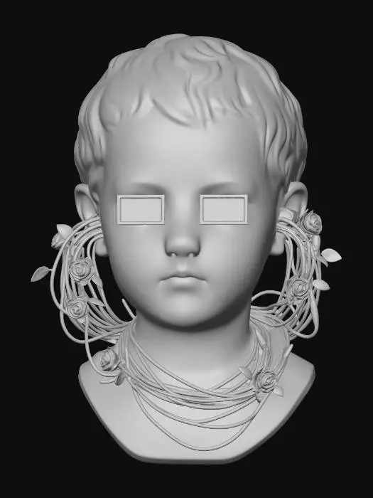 3D model for A classical plaster bust of a child, covered in 'pixelated' glitch textures. Its eyes are replaced by tiny LED screens displaying static. A tangle of multi-colored power cables spills from its ears, entwined with small pink roses.