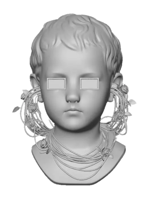 3D model for A classical plaster bust of a child, covered in 'pixelated' glitch textures. Its eyes are replaced by tiny LED screens displaying static. A tangle of multi-colored power cables spills from its ears, entwined with small pink roses.