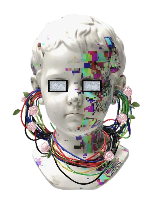 3D model for A classical plaster bust of a child, covered in 'pixelated' glitch textures. Its eyes are replaced by tiny LED screens displaying static. A tangle of multi-colored power cables spills from its ears, entwined with small pink roses.
