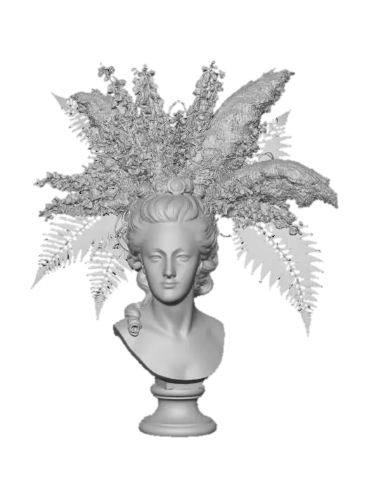 3D model for A large bronze bust of Marie Antoinette. Her famous large hair is re-imagined as a massive, disordered cascade of multi-colored delphiniums, pampas grass, and several large blue fronds, with subtle LEDs integrated.
