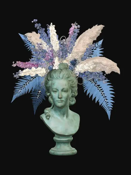 3D model for A large bronze bust of Marie Antoinette. Her famous large hair is re-imagined as a massive, disordered cascade of multi-colored delphiniums, pampas grass, and several large blue fronds, with subtle LEDs integrated.