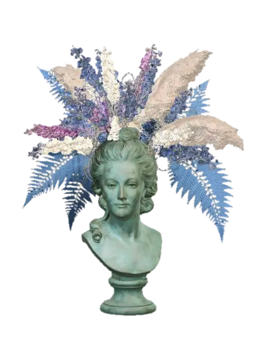 3D model for A large bronze bust of Marie Antoinette. Her famous large hair is re-imagined as a massive, disordered cascade of multi-colored delphiniums, pampas grass, and several large blue fronds, with subtle LEDs integrated.