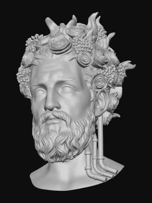 3D model for A dark metal bust of Prometheus. His cranium is on fire, but the 'flames' are composed of a chaotic explosion of orange roses and green viburnum. A few copper pipes run along his neck.