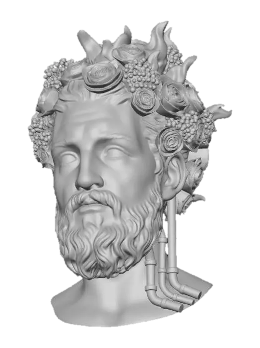3D model for A dark metal bust of Prometheus. His cranium is on fire, but the 'flames' are composed of a chaotic explosion of orange roses and green viburnum. A few copper pipes run along his neck.