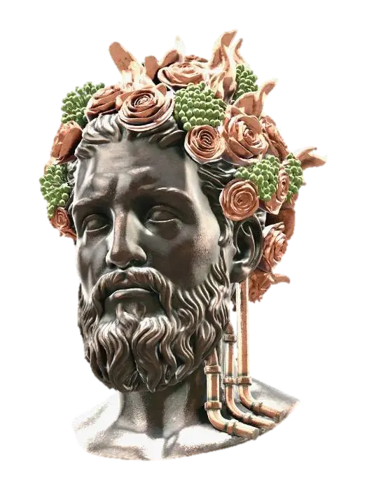 3D model for A dark metal bust of Prometheus. His cranium is on fire, but the 'flames' are composed of a chaotic explosion of orange roses and green viburnum. A few copper pipes run along his neck.