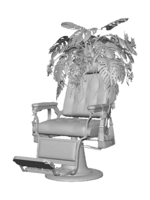 3D model for An old-fashioned dentist’s chair made of rusted iron, with a massive, chaotic "headrest" of dyed-yellow Monstera leaves and cascading pink orchids (like image_2.png). A pair of chunky purple VR goggles hangs from the armrest.