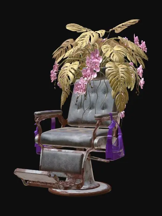 3D model for An old-fashioned dentist’s chair made of rusted iron, with a massive, chaotic "headrest" of dyed-yellow Monstera leaves and cascading pink orchids (like image_2.png). A pair of chunky purple VR goggles hangs from the armrest.