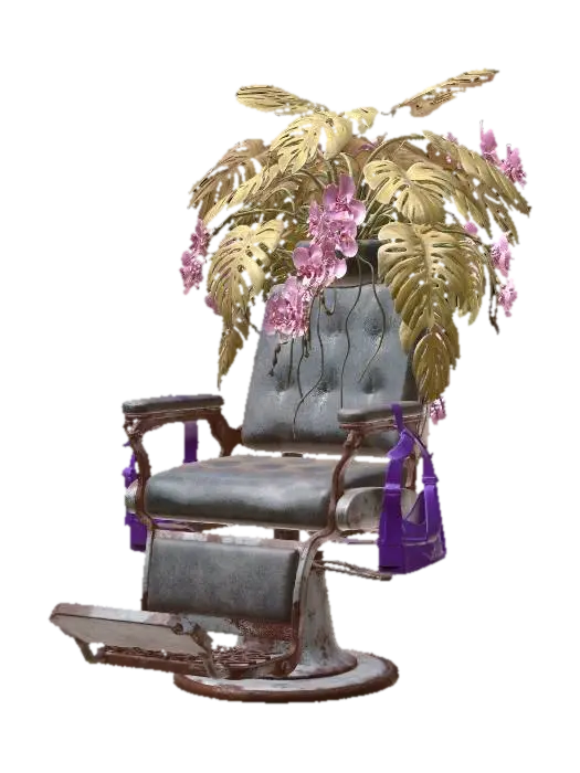 3D model for An old-fashioned dentist’s chair made of rusted iron, with a massive, chaotic "headrest" of dyed-yellow Monstera leaves and cascading pink orchids (like image_2.png). A pair of chunky purple VR goggles hangs from the armrest.
