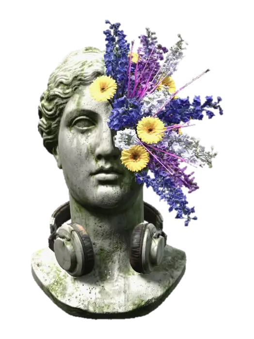 A weathered concrete statue of a Greek muse, her face partially obscured by a… - Gerbera 3D model, vytvořený pomocí AI