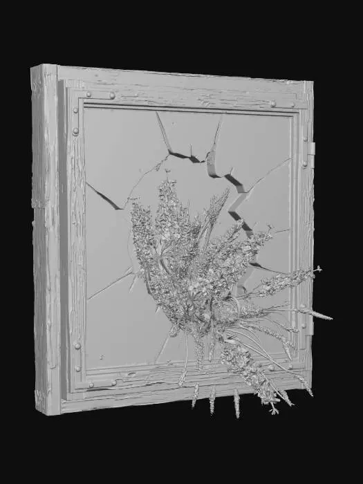 3D model for A broken pane of glass in an old window frame, with a spray of pink delphinium and various dyed weeds spilling through the gap, creating a contrast between natural growth and decay. A faint, distant neon reflection is on the glass.