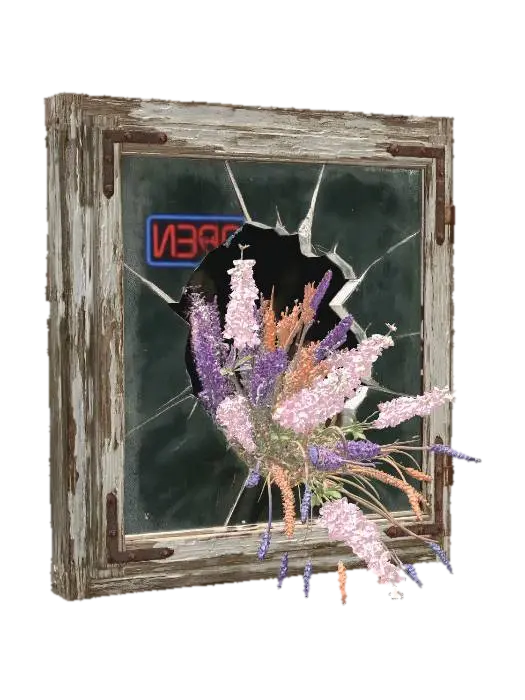 A broken pane of glass in an old window frame, with a spray of pink delphinium and… - Contrast 3D model, vytvořený pomocí AI