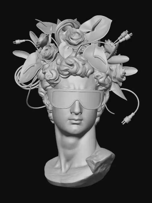 3D model for A classical plaster bust of David, wearing vibrant purple visor sunglasses (like image_0.png). His head is an exploded garden of dyed-green anthurium leaves and iridescent blue roses, with loose power cables and a few purple feathers woven in. A faint, cyan neon sign is reflected in the lenses.