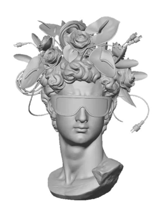 3D model for A classical plaster bust of David, wearing vibrant purple visor sunglasses (like image_0.png). His head is an exploded garden of dyed-green anthurium leaves and iridescent blue roses, with loose power cables and a few purple feathers woven in. A faint, cyan neon sign is reflected in the lenses.
