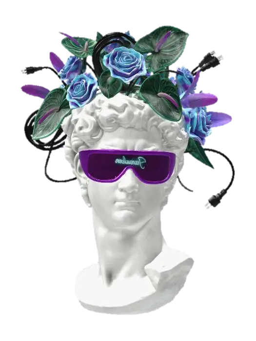 3D model for A classical plaster bust of David, wearing vibrant purple visor sunglasses (like image_0.png). His head is an exploded garden of dyed-green anthurium leaves and iridescent blue roses, with loose power cables and a few purple feathers woven in. A faint, cyan neon sign is reflected in the lenses.