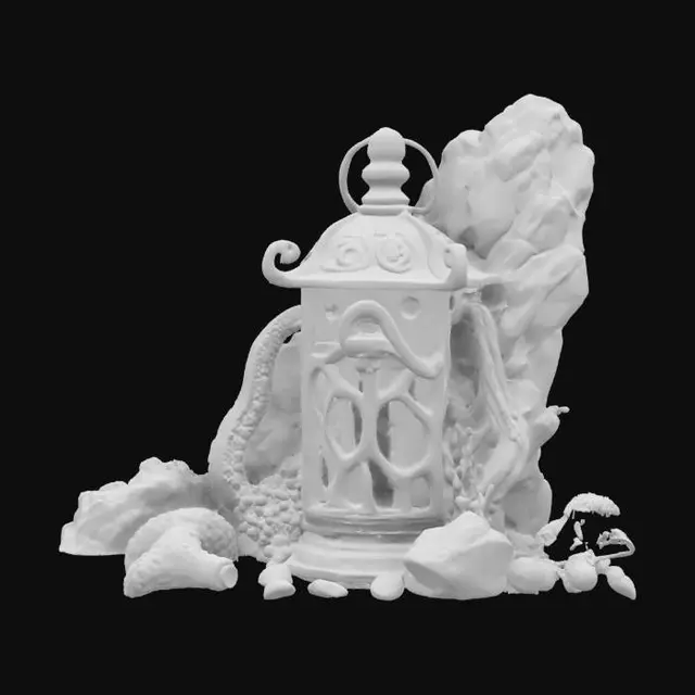 3D model for A dark and mystical Lantern fit for the sea witch of The Little Mermaid, made of rugged ocean rock. The Lantern has a rough, jagged stone texture, with tentacle-like carvings wrapping around its frame. resemble sea creature claws, adorned with eerie glowing gemstones. The Lantern is surrounded by deep-sea elements like seaweed, coral, and eerie bioluminescent plants, creating an ominous underwater atmosphere.