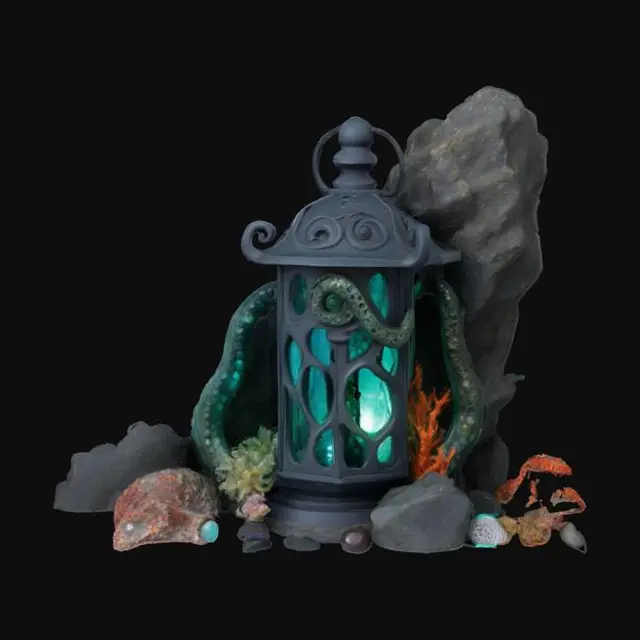3D model for A dark and mystical Lantern fit for the sea witch of The Little Mermaid, made of rugged ocean rock. The Lantern has a rough, jagged stone texture, with tentacle-like carvings wrapping around its frame. resemble sea creature claws, adorned with eerie glowing gemstones. The Lantern is surrounded by deep-sea elements like seaweed, coral, and eerie bioluminescent plants, creating an ominous underwater atmosphere.